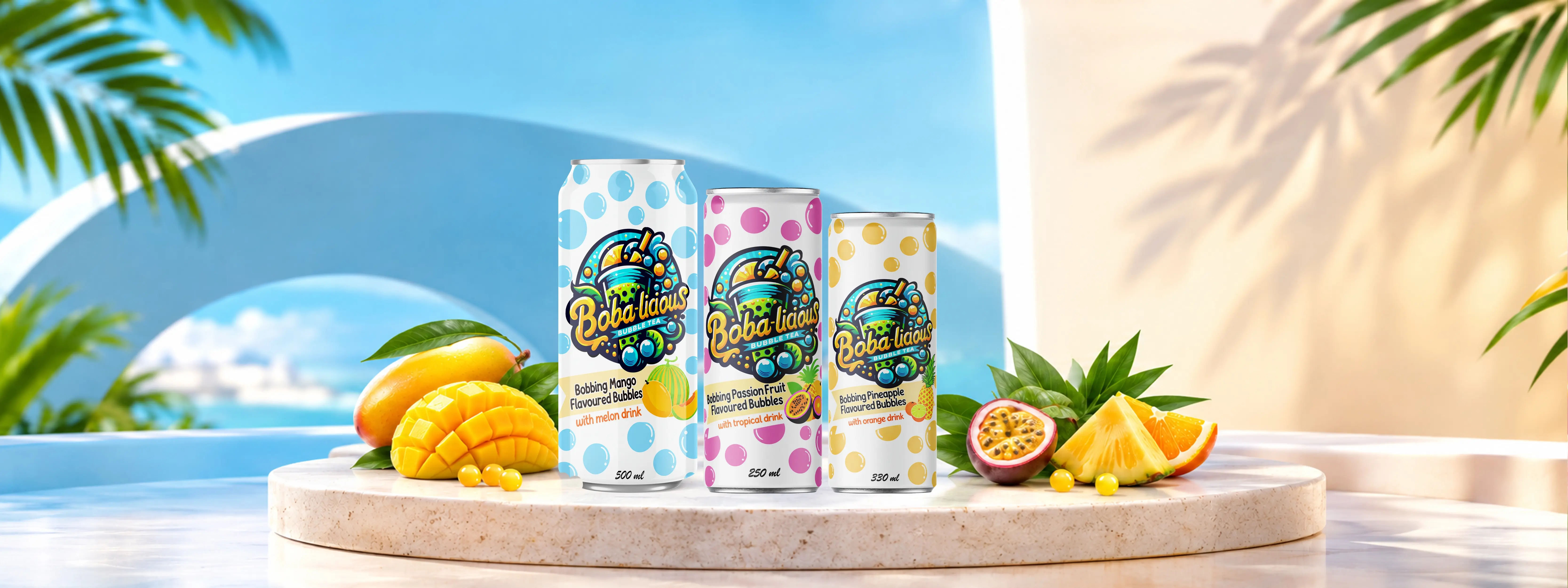 Bobalicious Bubble Tea cans featuring a playful pineapple mascot against a colorful tropical backdrop